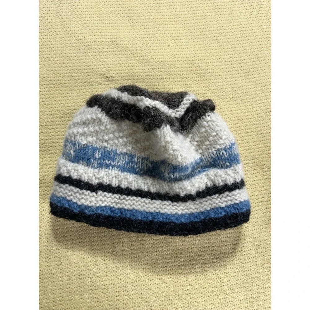 Crochet 100% Wool Hat And Mitten Set Lined Blue Cream Flower Fingerless